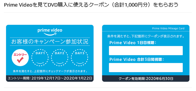 プライムビデオを見てDVD購入の1000円オフクーポンをもらえるキャンペーン